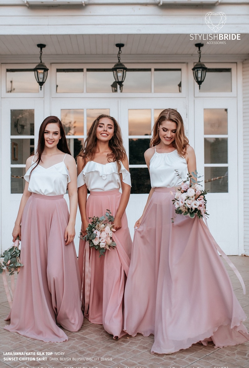 Blush Palette Chiffon Bridesmaid Separates: Chiffon Sunset Full Sun Flying A-line Skirts and Silk Tops available in Plus Sizes image 2