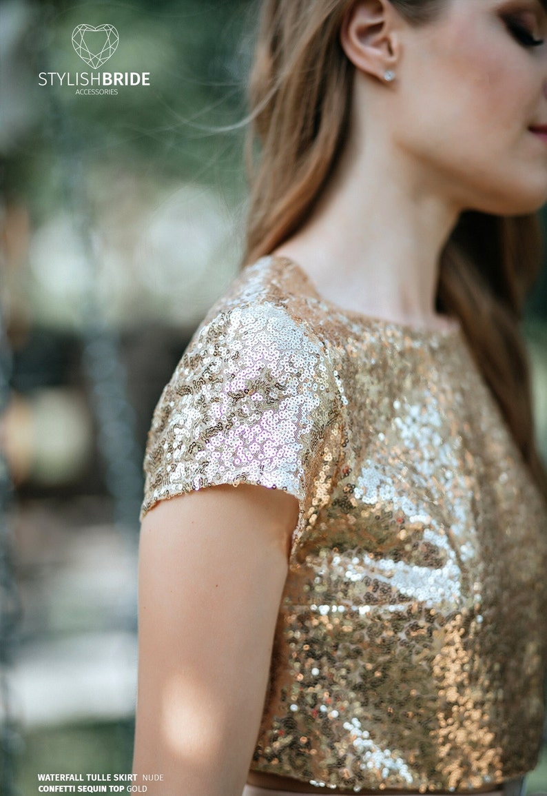 T-shirt Gold Sequin crop top with Silk Satin Soft Lux Lining, Confetti Bridesmaids Gold Sequined Blouse Plus Size image 2