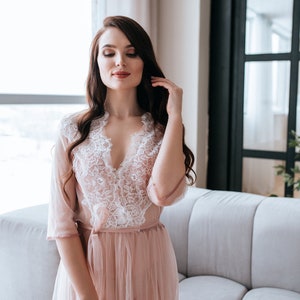 Miracle Blush Boudoir Tulle Dress, Bohemian Blush Lace Robe, Blush Tulle Boudoir Boho Gown, Lace Bridal Blush Robe Photo Shoot image 3