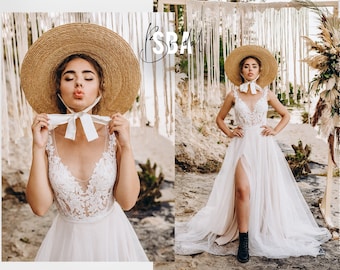 V neck lace tulle dress with slit, tulle skirt slit, bridal dress with slit, sexy wedding dress, boho beach bridal dress| Ellen & Shadow