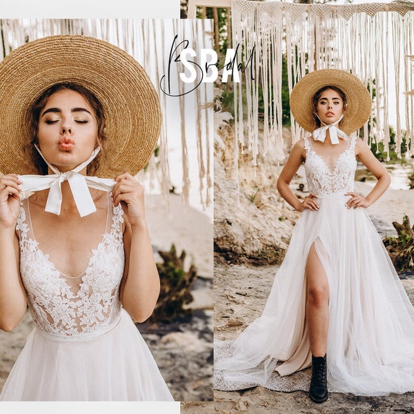 V neck lace tulle dress with slit, tulle skirt slit, bridal dress with slit, sexy wedding dress, boho beach bridal dress| Ellen & Shadow