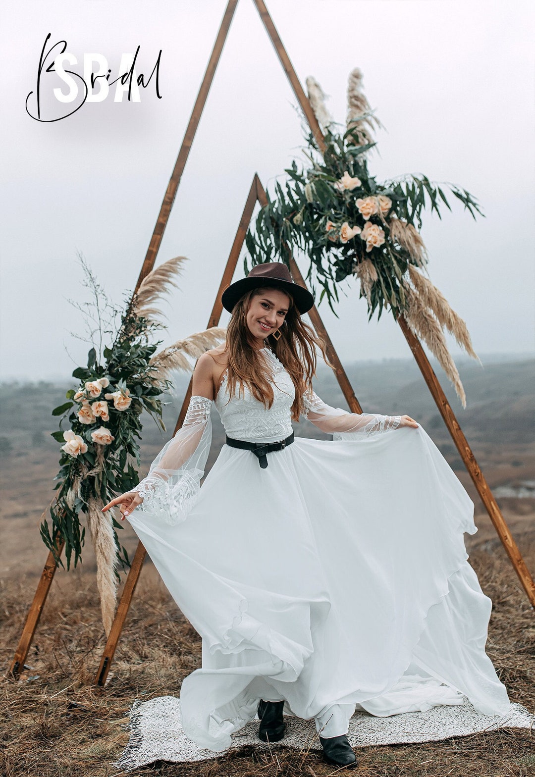 Boho Halter Neck Boho Guipure Separates, Chiffon Boho Lace Dress With ...