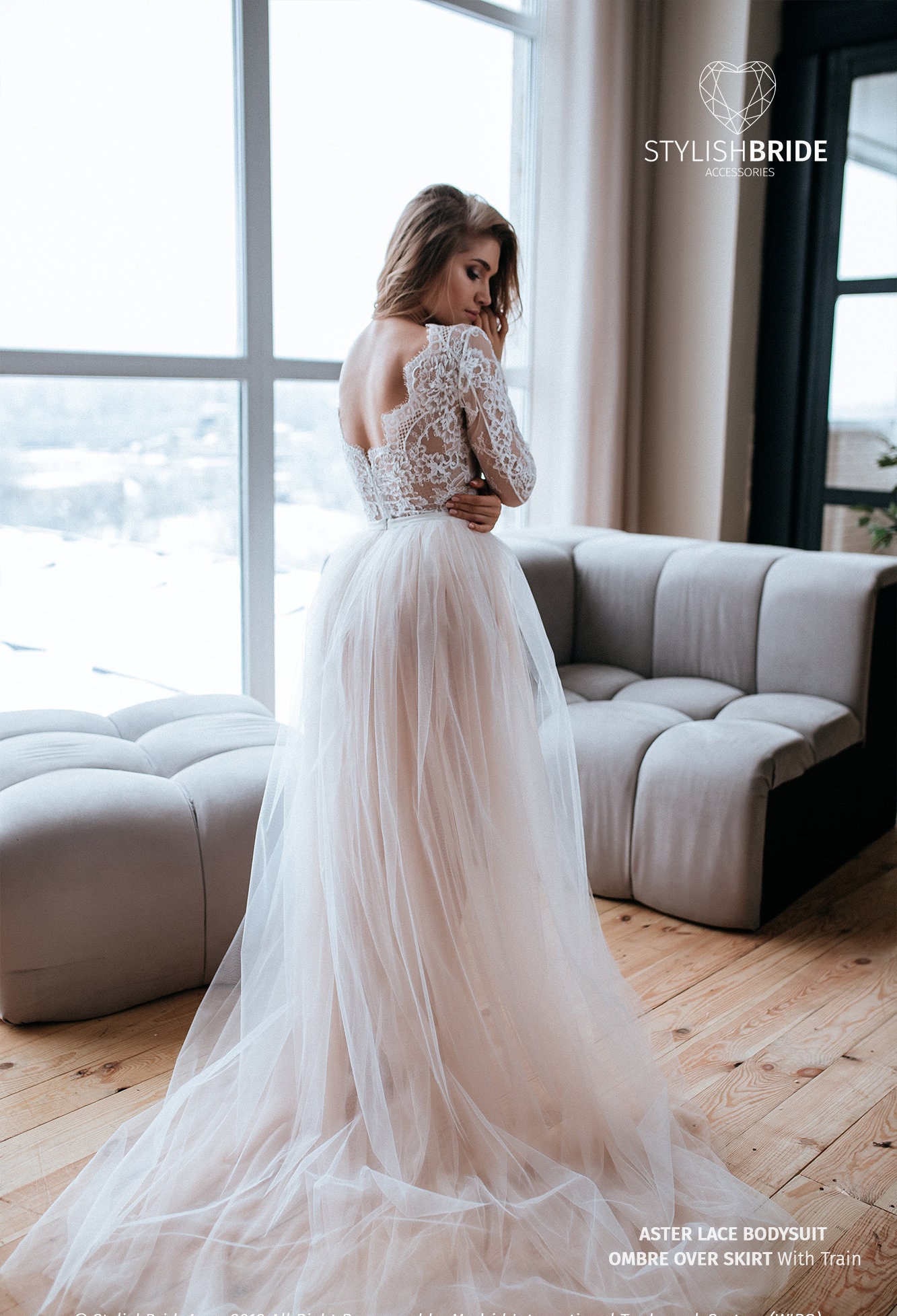 Bridal Bodysuit With Tulle Skirt Wedding Dress, Long Sleeve Lace Bodysuit, Simple  Modern Long Sleeves Lace Wedding Dress Bonita 0185 / 2021 