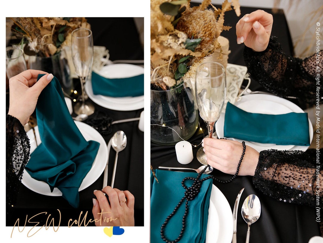 Black Set Satin Table Napkins & Table Cloth in Soft Matte Silky Satin