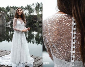 White Mermaid Full Closed Sequin Beaded Trendy Wedding Dress Long Straight Sleeves, Breathtaking Glitter Boho Sequined Bridal Dress