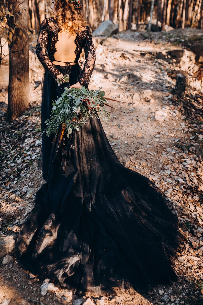 NEW Black Long Tulle Skirt With Slit Backless Top Black image 3