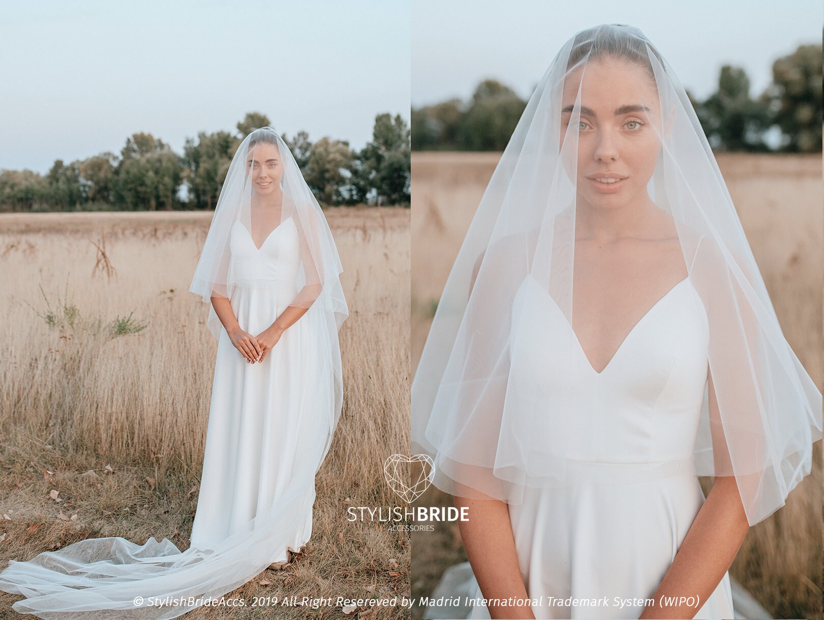 Two Tier Soft Tulle Wedding Veil w/ Blusher Chic & Boho Bridal Veil Ivory  Veil