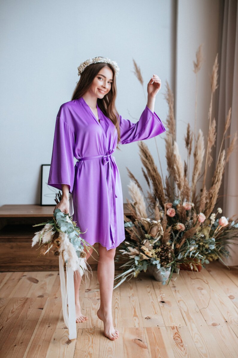 Purple lavender BOHO Silk Robe, Soft Silk Purple Palette Robes for Bridesmaids, Set of Robes, Plus Size Silk Robes Iris image 2