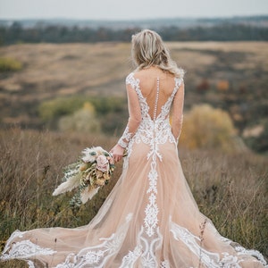 Penelope Second Skin Effect Boho Wedding Dress with Nude Underlay with Train, Champagne Nude Tulle Bridal Gown Lace Appliqués, SBA image 6