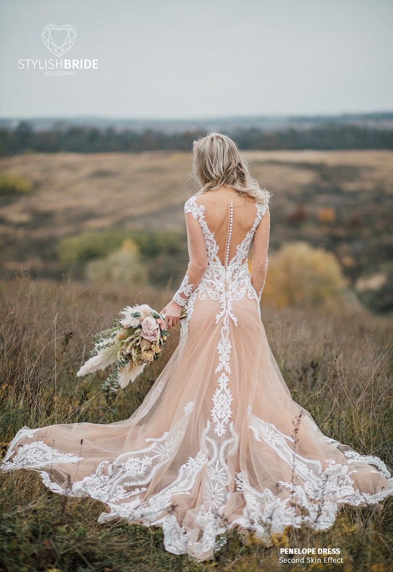 Penelope Second Skin Effect Boho Wedding Dress with Nude Underlay with Train, Champagne Nude Tulle Bridal Gown Lace Appliqués, SBA image 6