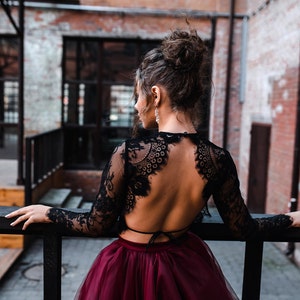 Black and Mulberry Magic Ombre Skirt and Sophia Boho Backless Top, Black Wine Wedding Dress, Black Gothic Gown, Black wedding lace top image 4