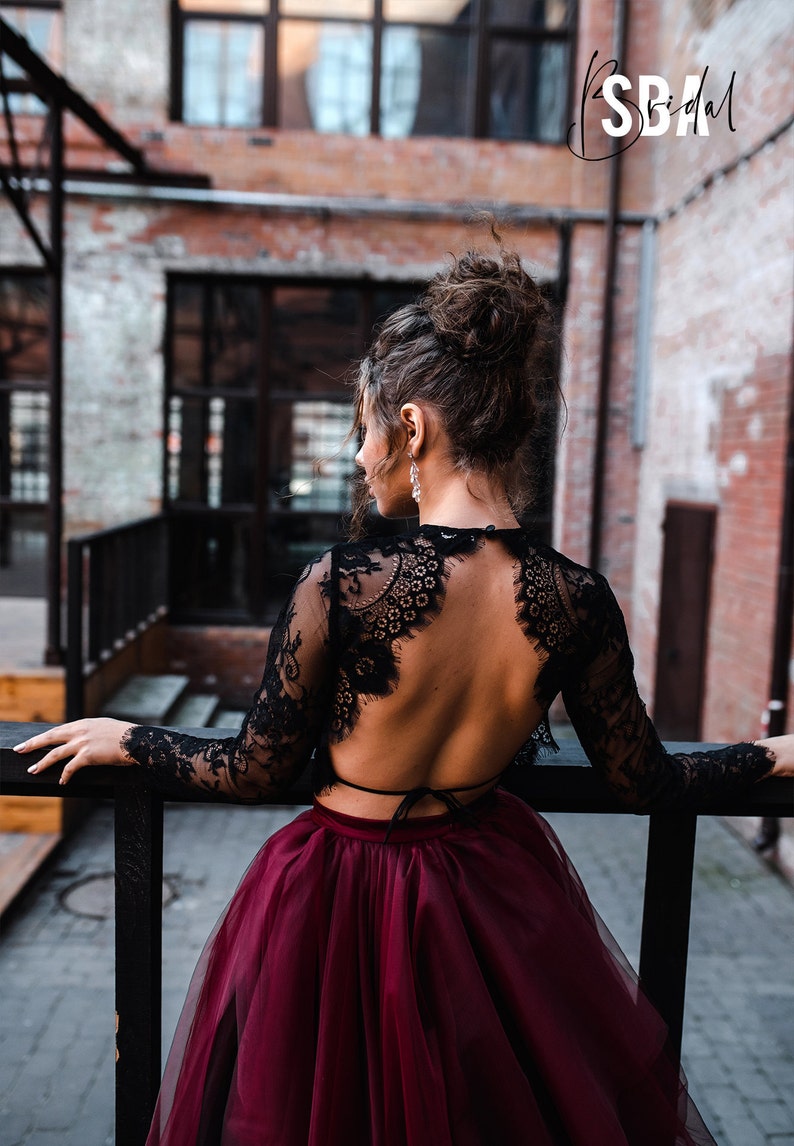 Black and Mulberry Magic Ombre Skirt and Sophia Boho Backless Top, Black Wine Wedding Dress, Black Gothic Gown, Black wedding lace top image 4