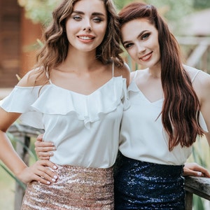 Sequin Skirts for Bridesmaids, Rose Gold Blush Navy Green Sequin Skirt Floor Length with Silk Tops in Plus Size, Party Sequin Skirts image 2