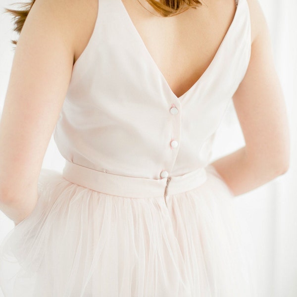 Bridesmaid Novel Top in Biscuit Blush, Simple Silk Top with buttoned back, Silk Satin Simple Blouse, Bridesmaid Silk Top