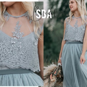 Light Grey Sleeveless Lace Top, Gray Lace Blouse Engagement Prom Bridesmaid Crop Top | MARY