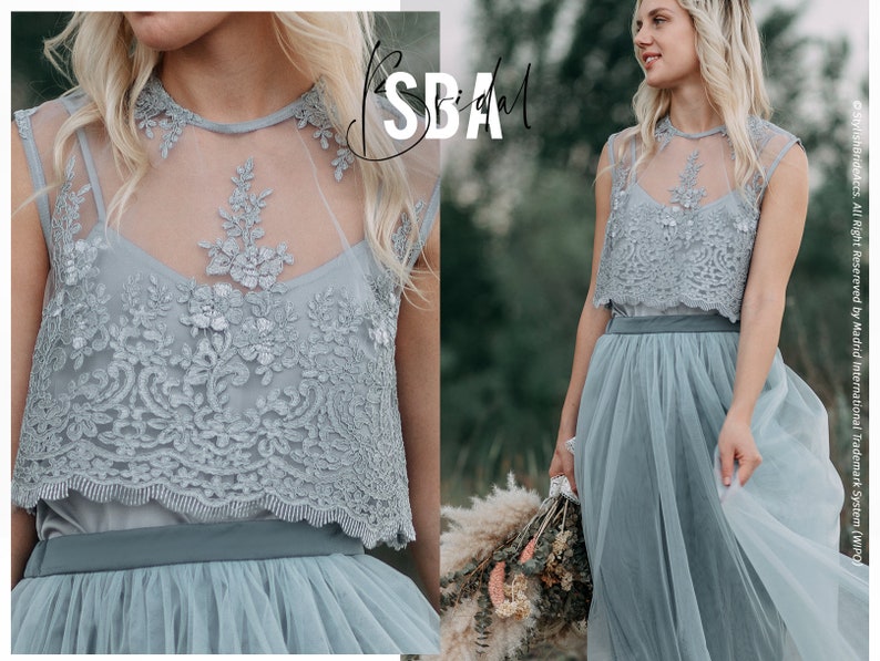 Light Grey Sleeveless Lace Top, Gray Lace Blouse Engagement Prom Bridesmaid Crop Top MARY image 1