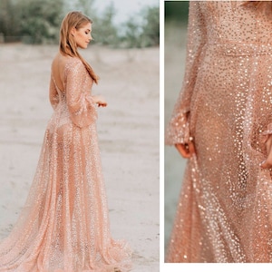 12 colors / Mermaid rose gold bridal dress, sequin rose gold wedding gown, transparent boho dress with bodysuit or slip dress, wedding dress