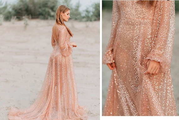 Princess Pink/rose Gold Long Sleeves or Sleeveless Sparkle Ball Gown  Wedding Dress With Glitter Tulle Various Styles - Etsy