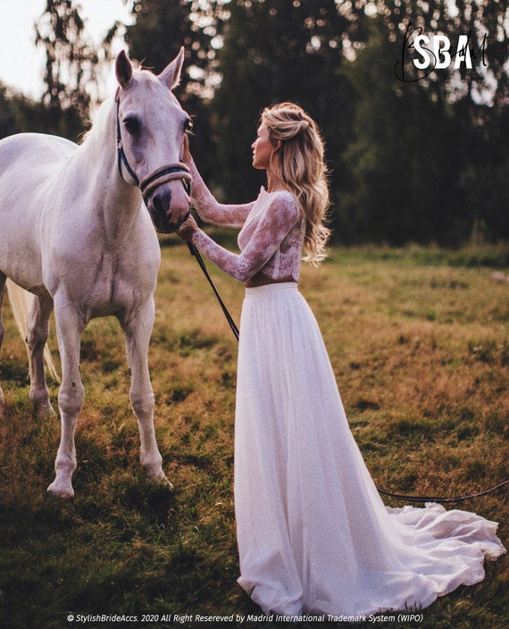 Bridal Boho Lace Dress, /rosaleen/ Long White Ivory Chiffon
