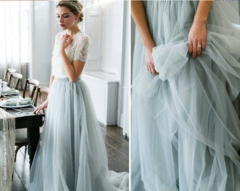 In Stock / Dusty Blue Boho Tulle Wedding Separates: Tulle Skirt & Lace Top Bridesmaid Dresses, Bridal Two Pieces Dress Plus Size