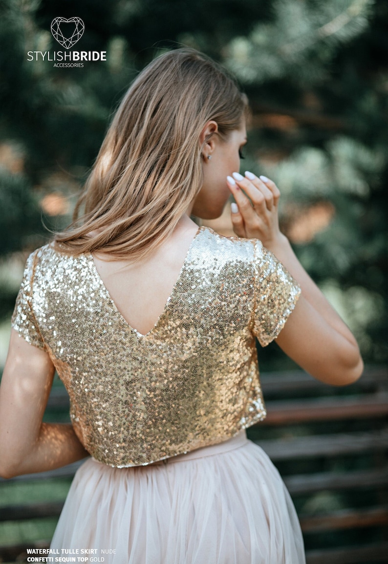 T-shirt Gold Sequin crop top with Silk Satin Soft Lux Lining, Confetti Bridesmaids Gold Sequined Blouse Plus Size image 3