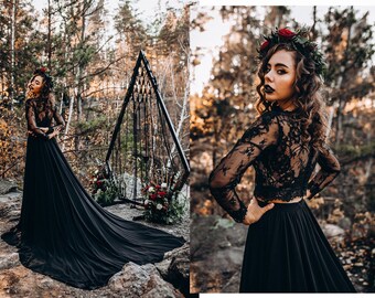 Black Chiffon Bridal Gown, Wedding Black Floral Dress Train, A-line Lace Wedding Dress, Boho Wedding Separates, Chiffon Skirt | Rosaleen Set