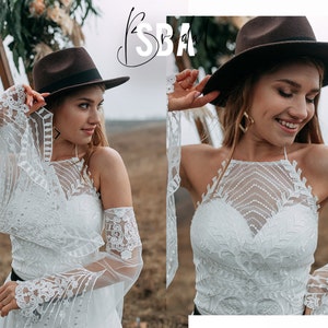 Elvira Halter Neckline Boho Bustier, Bohemian Sheer Lace Crop Top With Flared Sleeves Plus Size,  Wedding Boho V Back Blouse