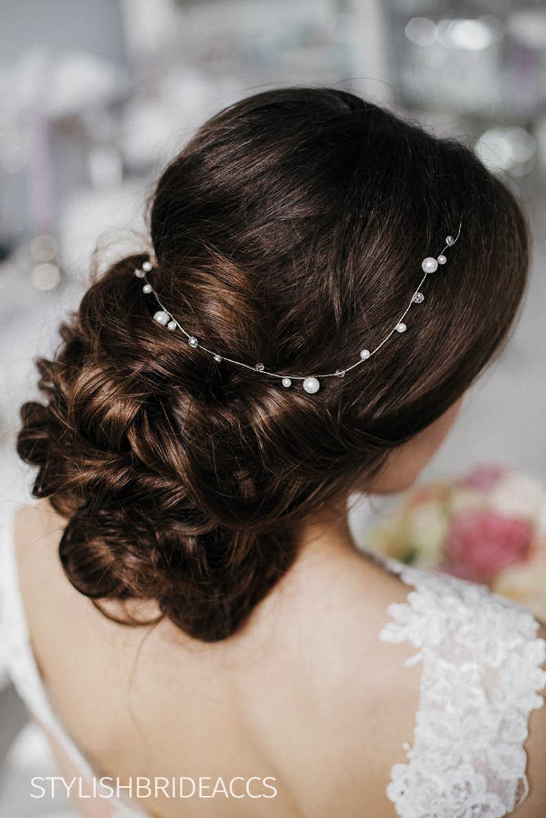 Thin Simple Wedding Pearl Crystal Hair Vine , Engagement hair accessories, minimalistic hair piece image 2