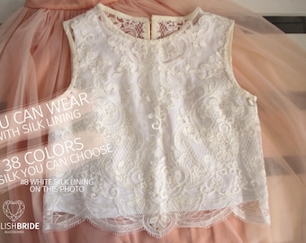Freesia Lace Crop Top White Lace Crop top Wedding Crop Top Silk Lace Top Tops Sleeveless Tank Camisole Wedding Silk Bridesmaids White Cami