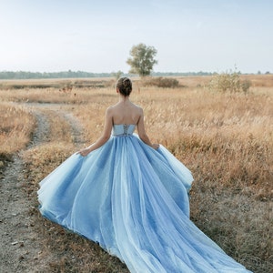 Glitter Blue Ombré Tulle Skirt with Grey Silk Lucie Bustier,  Wedding Blue Glitter Dress