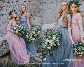 Blush & Slate Grey Palette Bridesmaids Lace Mary Dress, Long Blush Grey Waterfall Bridesmaids Skirt,  Prom Dresses Plus Size