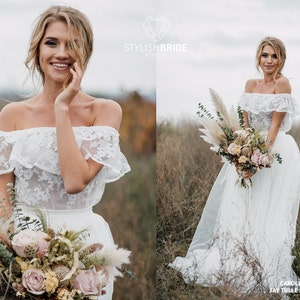 Carolina Boho Lace Off-The-Shoulder Dress, Bridal Lace Tulle Dress, Deflated Shoulders Simple Wedding Rustic Gown image 1