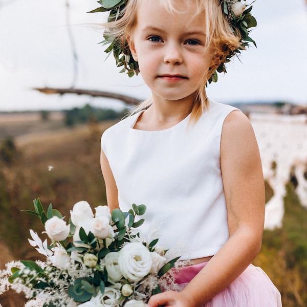 Chemisier sans manches en satin de soie Glory pour petite fille, haut blanc pour fille d'honneur, chemisier ivoire sans manches pour fille d'honneur, haut court pour bébé