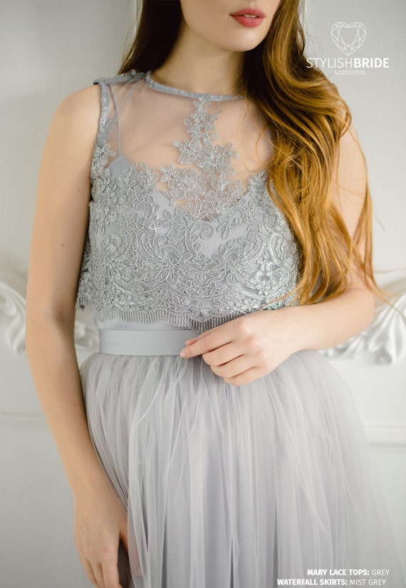Mary Light Grey Lace Dress Long Must Grey Waterfall Bridesmaids