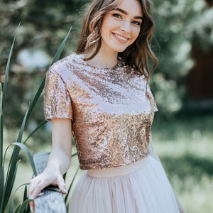 Rose Gold Sequin top with Silk Satin Soft Lux Lining, Confetti Prom Party or Engagement Rose Gold Sequined Blouse Plus Size image 2