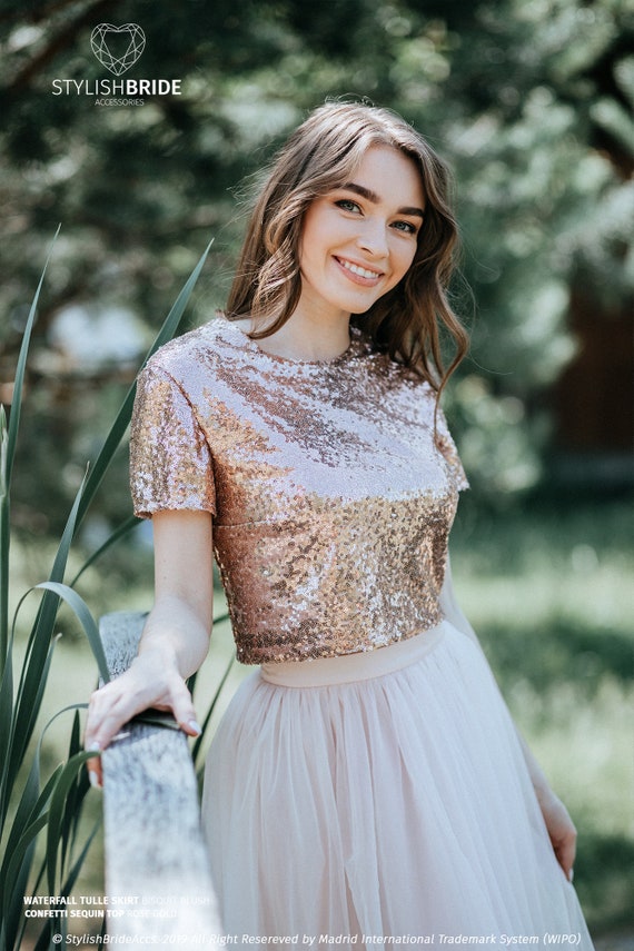 Rose Gold Sequin Top With Silk Satin Soft Lux Lining, confetti Prom Party  or Engagement Rose Gold Sequined Blouse Plus Size 