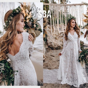 Lace beach boho wedding dress, simple rustic lace bridal dress long sleeves, minimalist lace boho dress open back | Alyssa