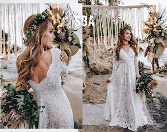 Lace beach boho wedding dress, simple rustic lace bridal dress long sleeves, minimalist lace boho dress open back | Alyssa