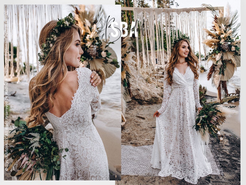 Lace beach boho wedding dress, simple rustic lace bridal dress long sleeves, minimalist lace boho dress open back Alyssa image 1