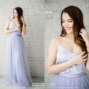 Silk Grey Lavender Bridesmaids Classic Dress Tulle Skirt, Long Floor Length Waterfall Tulle Skirt, Prom Simple Lavender Dress, Silk Cami Top image 4