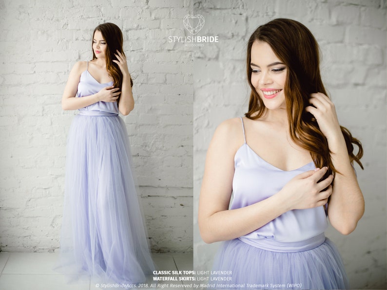 Silk Grey Lavender Bridesmaids Classic Dress Tulle Skirt, Long Floor Length Waterfall Tulle Skirt, Prom Simple Lavender Dress, Silk Cami Top image 4