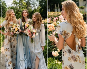 Soft Blue Floral Bridesmaids: Chiffon and Silk Satin Blue Bridesmaid Dresses in Garden Style by Stylishbrideaccs, Handmade in Ukraine