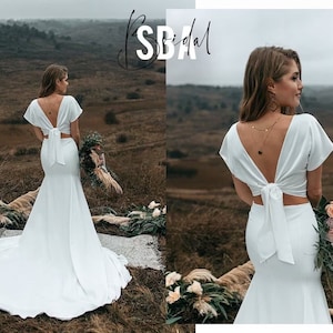 Fitted Bridal Silk Crepe Boho Dress: Lia Fit Flare Bridal Skirt + Charlie Silk Bridal Top with Bow, Rustic Simple Fitted Bridal A-line Dress