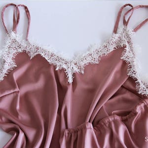 Dark Blush pajamas lace silk set with white lace, pajama set bridal, wedding lingerie, bride silk lace top and shorts, bridesmaid pajamas image 2