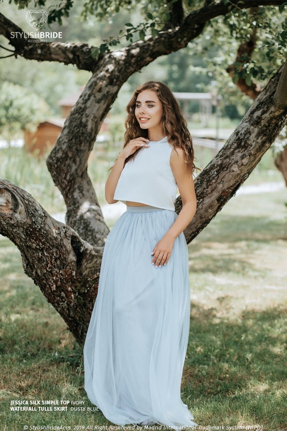 Dusty Blue Waterfall Tulle Skirt With Jessica Simple Wide Straps Silk Top  Plus Size, Bridesmaids Simple Dress -  Norway