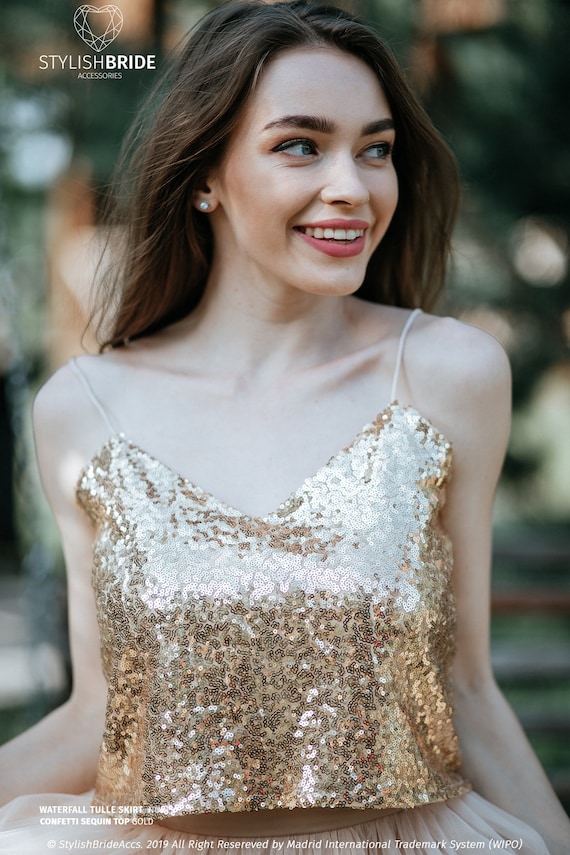 Thin Straps Gold Sequin Crop Top With Silk Satin Soft Lux Lining