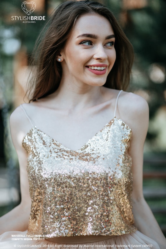 Begrænse læbe dræne Thin Straps Gold Sequin Crop Top With Silk Satin Soft Lux - Etsy