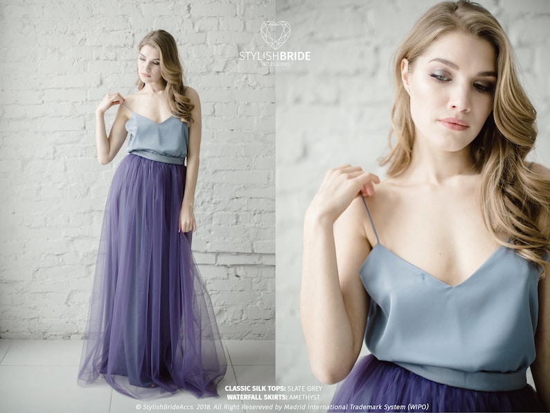 Silk Grey Lavender Bridesmaids Classic Dress Tulle Skirt, Long Floor Length Waterfall Tulle Skirt, Prom Simple Lavender Dress, Silk Cami Top image 5