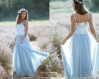 Spaghetti Straps Sienna Lace top with "Sunset" Full Sun Flying A-line Skirt Plus Size, Floor Length Casual Blue Dress