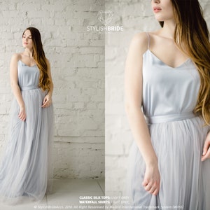 Silk Grey Lavender Bridesmaids Classic Dress Tulle Skirt, Long Floor Length Waterfall Tulle Skirt, Prom Simple Lavender Dress, Silk Cami Top image 3